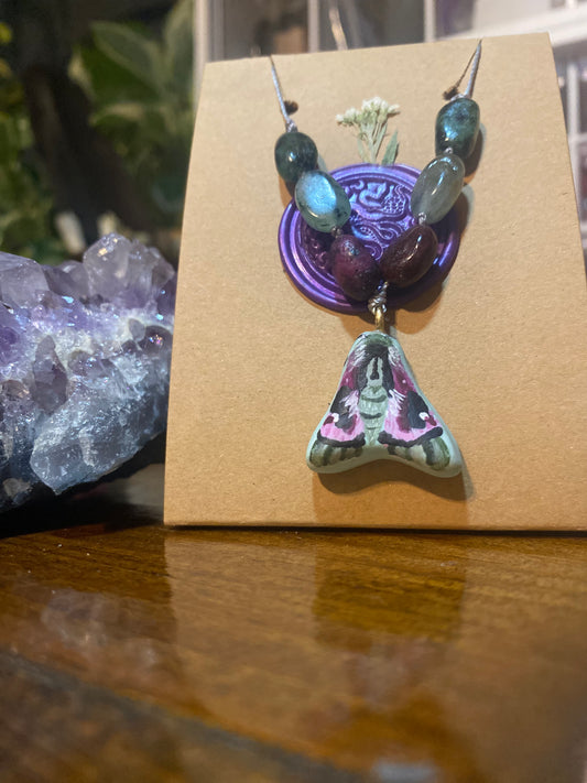 Hand painted Moth and Ruby Zoisite Necklace