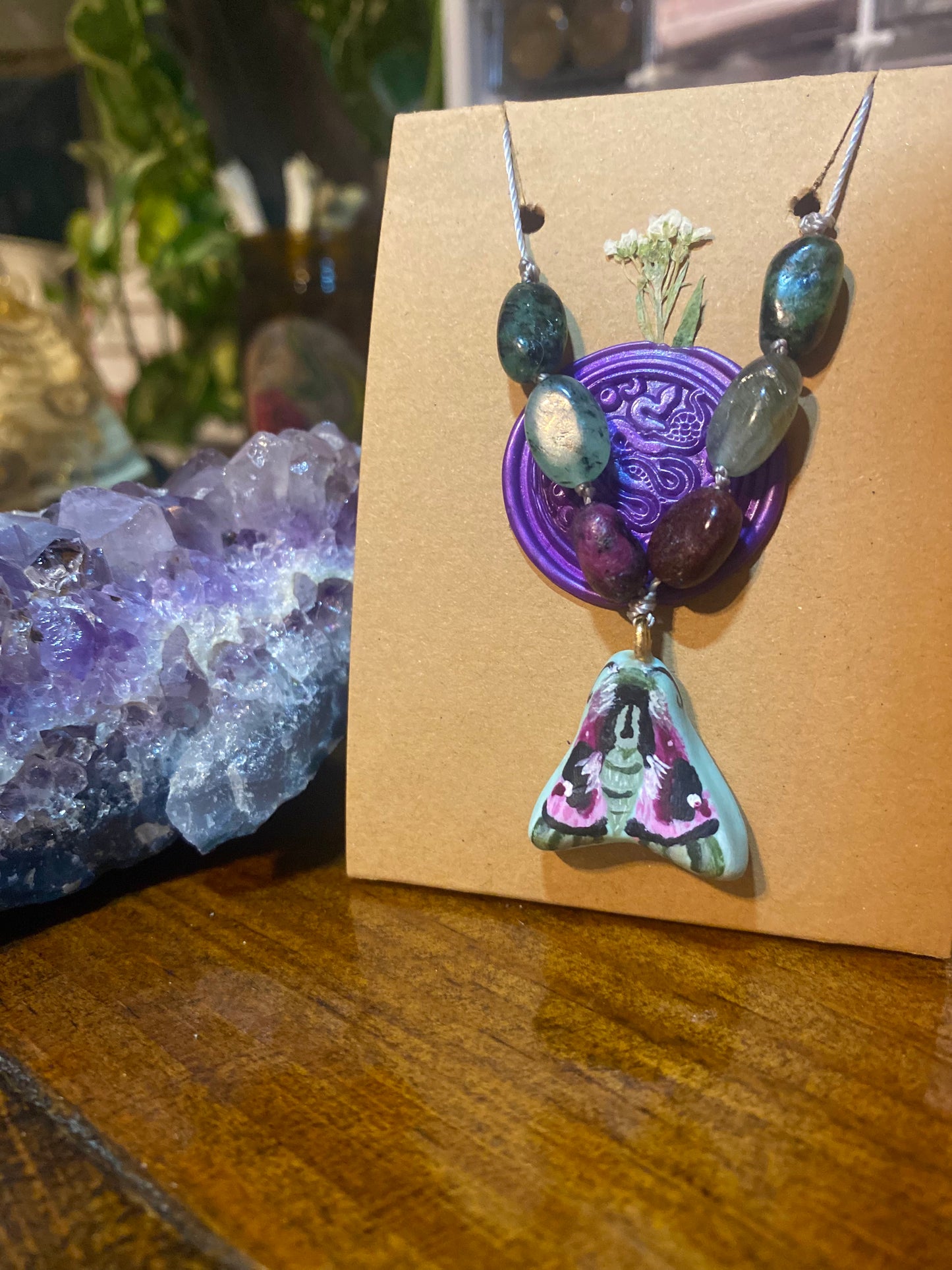Hand painted Moth and Ruby Zoisite Necklace