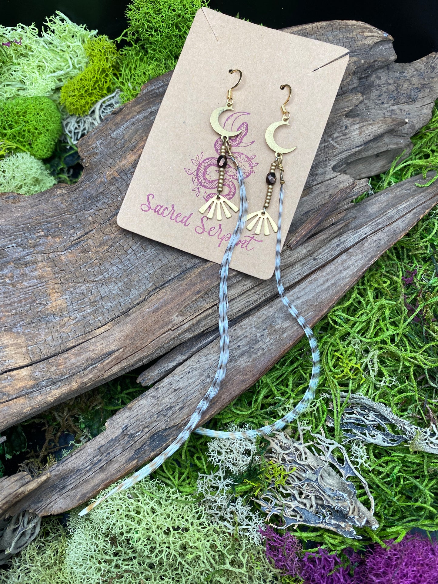 Hand-beaded Moon and Feather Earrings