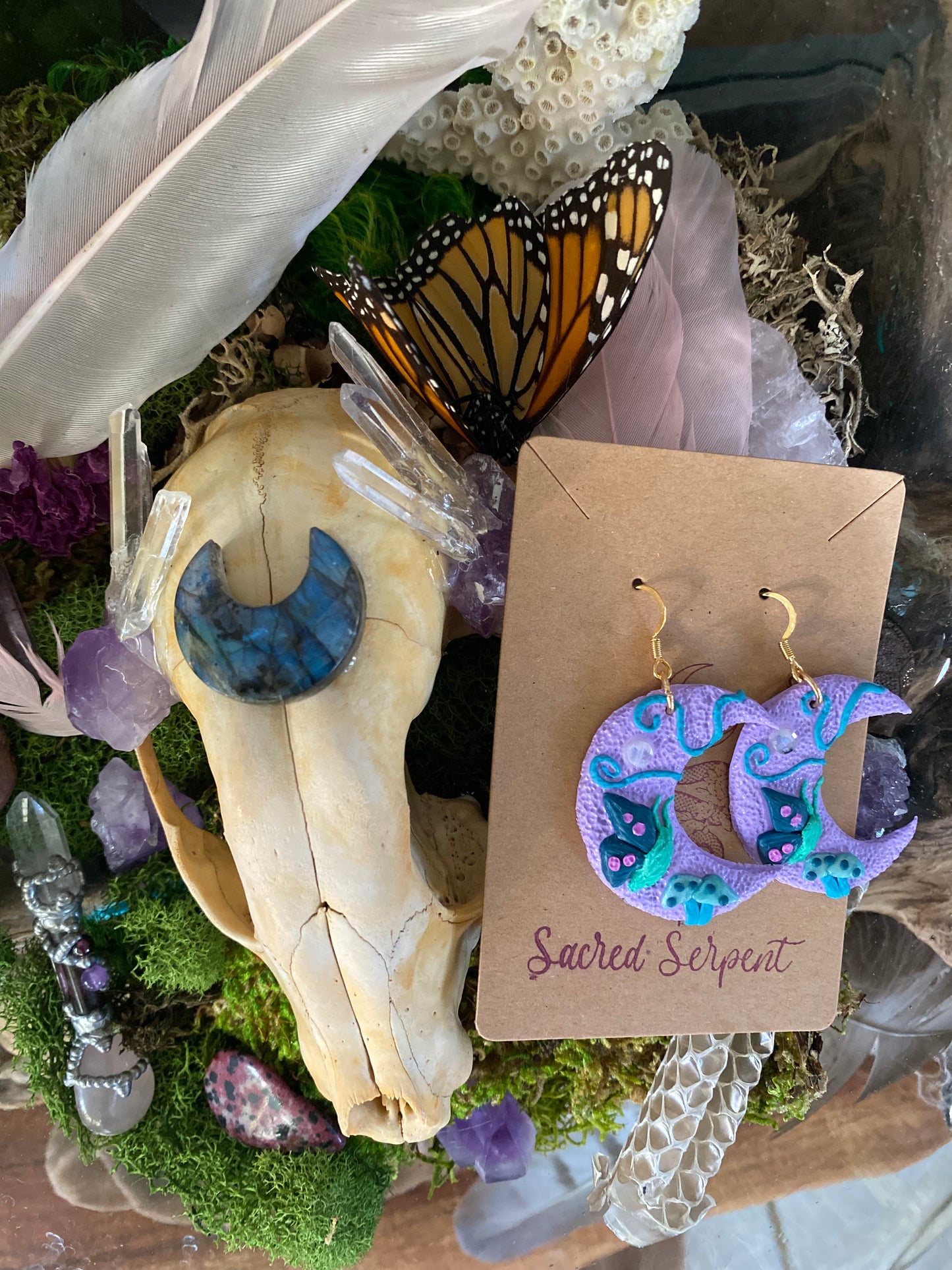 Lavender Moon and Mushroom Earrings